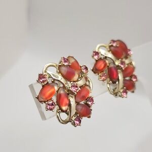 Vintage Cranberry Fruit Salad‎ Red Pink Rhinestone Clip On Earrings MCM Retro